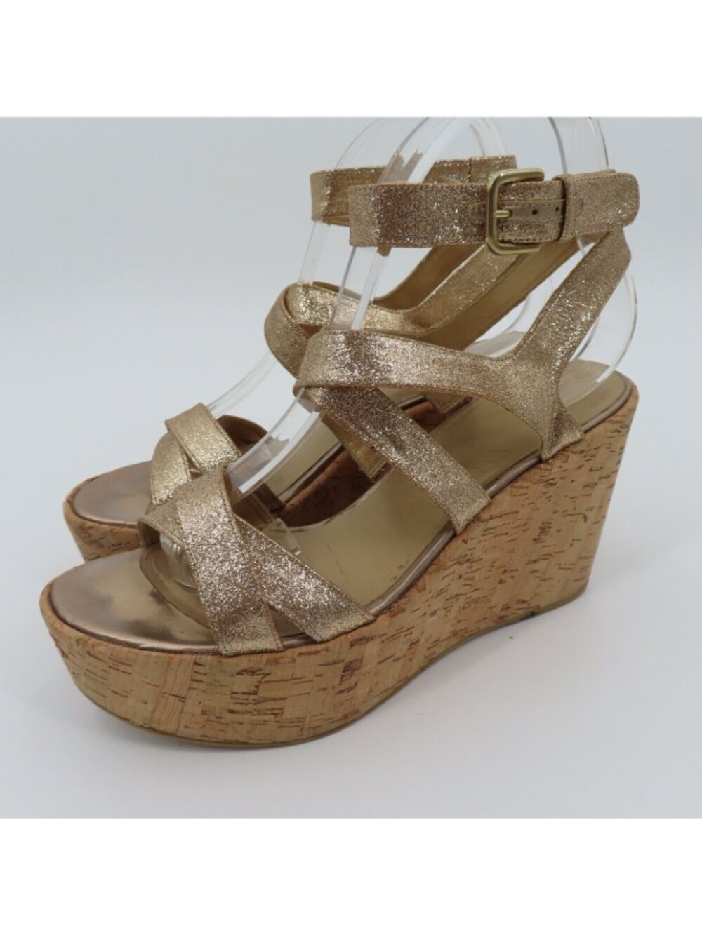 Stuart Weitzman Women 9M Gold Glitter Cork Platform Wedge Sandals Strappy Shoes - Picture 13 of 13